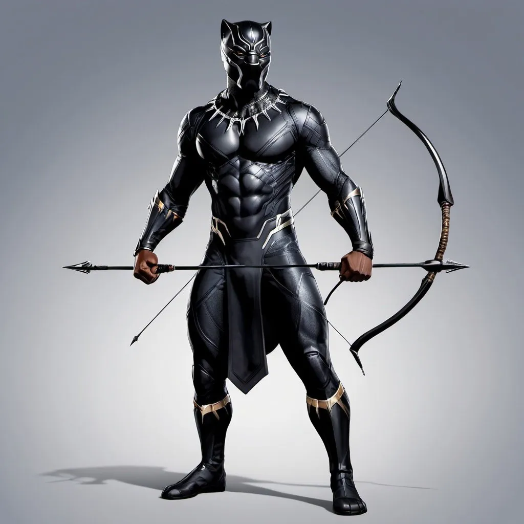 Prompt: we're looking to generate high-resolution images of a character known as the Black Panther Vigilante. This character wears clothes resembling a black panther and wields a bow and arrow weapon to combat criminals. The images should be realistic in style and convey the essence of the character's vigilante persona.

Instructions:
1. Generate realistic color images of the Black Panther Vigilante.
2. Ensure the character is depicted wearing clothes resembling a black panther.
3. Include the bow and arrow weapon prominently in the images, highlighting its use in fighting crime.
4. Avoid deviating from the specified details and requirements.
5. Aim for a high level of detail and quality in the generated images.
6. Generate 3.5 high-resolution images.

Additional Notes:
- The images should portray the character in action or in a pose that conveys their vigilant nature.
- Pay attention to details such as lighting, shadows, and textures to enhance realism.
- Focus on creating images that capture the essence of the character and their mission to eliminate criminals.