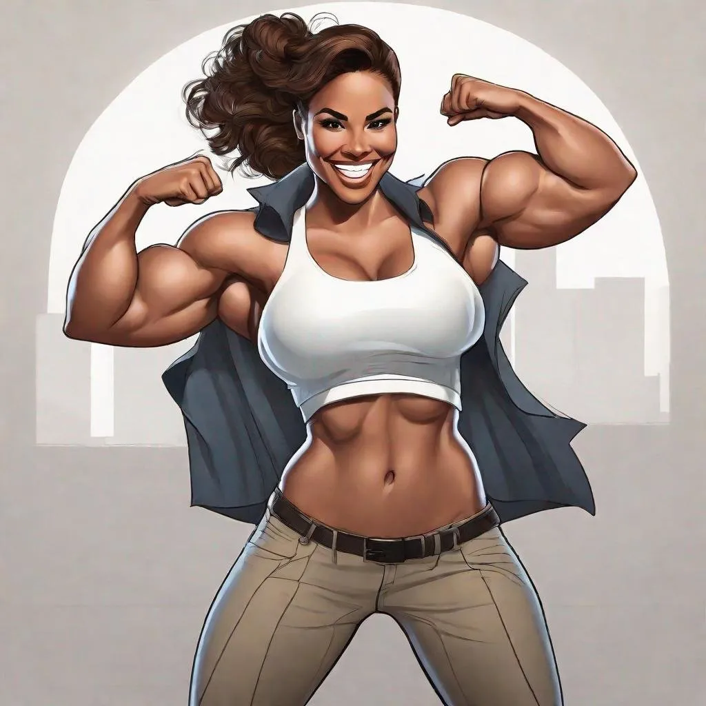 Prompt: muscular female, giant muscles, huge muscles, smile, open shirt, hands behind back, blank background