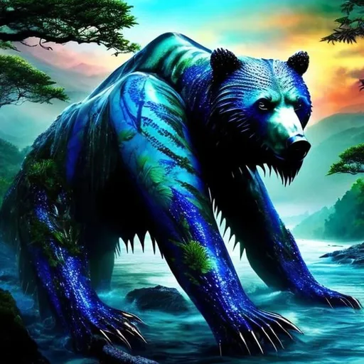 Prompt: Beautiful 6 legged bear in an Avatar Amzonian like rain forest at  sunset  
Deep green and blue colours in the trees and river