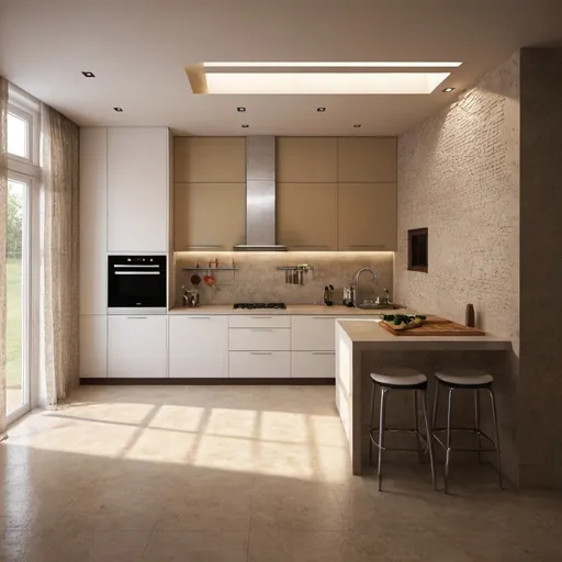 Prompt: interior design for kitchen and a space behind
it should be iranian render