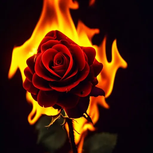 Prompt: Burning red rose with high quality flames with a black background