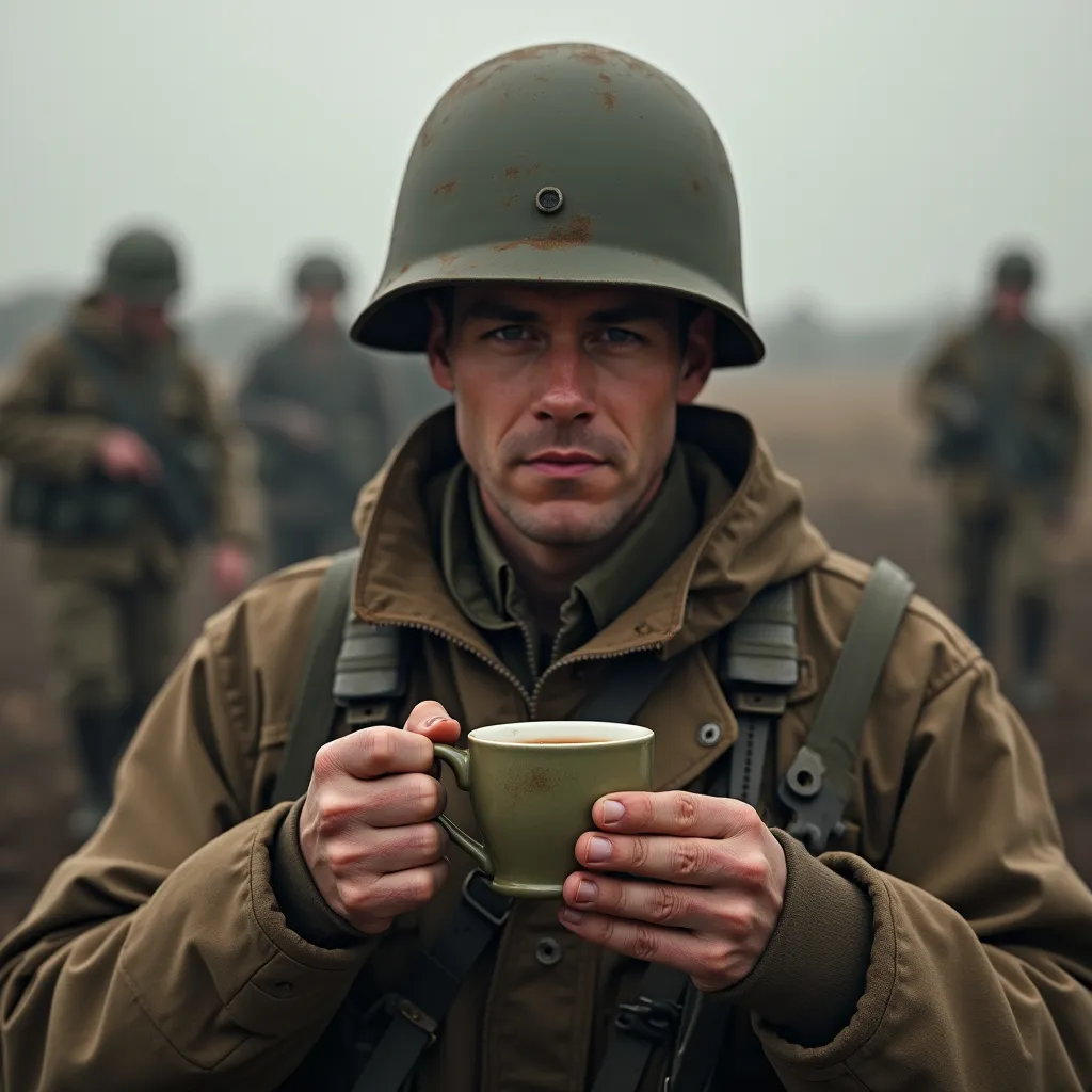 Prompt: a soldier is holding a cup of coffee during war..make it realistic