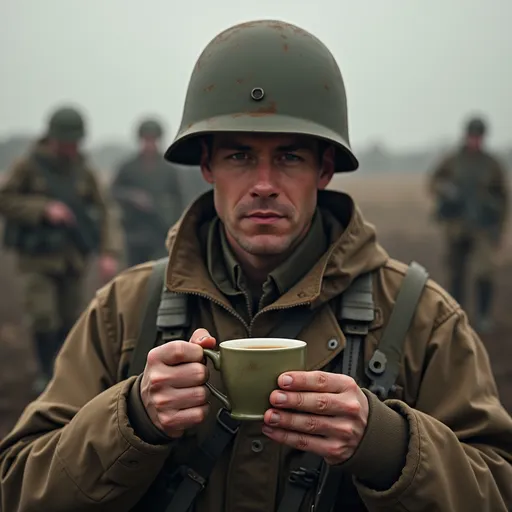 Prompt: a soldier is holding a cup of coffee during war..make it realistic