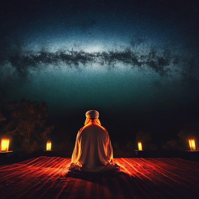 Prompt: A muslim sufi mystic sitting down meditating upon a dark night sky with swirling lights
