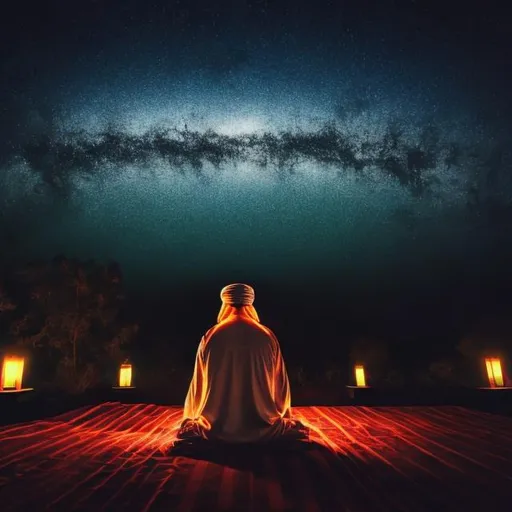 Prompt: A muslim sufi mystic sitting down meditating upon a dark night sky with swirling lights
