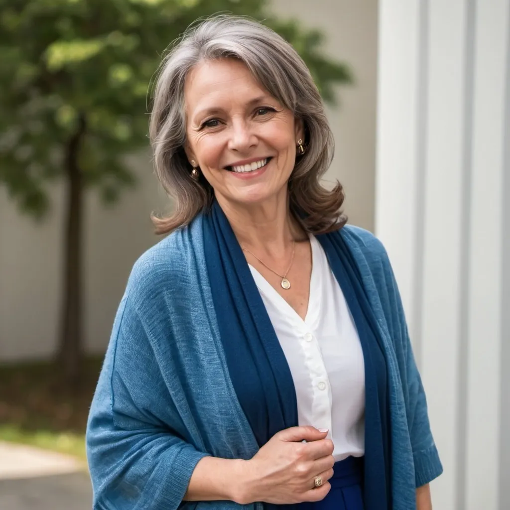 Prompt: A smiling middle-aged woman wearing blue skirt white blouse shawl and medium long blue cardigan