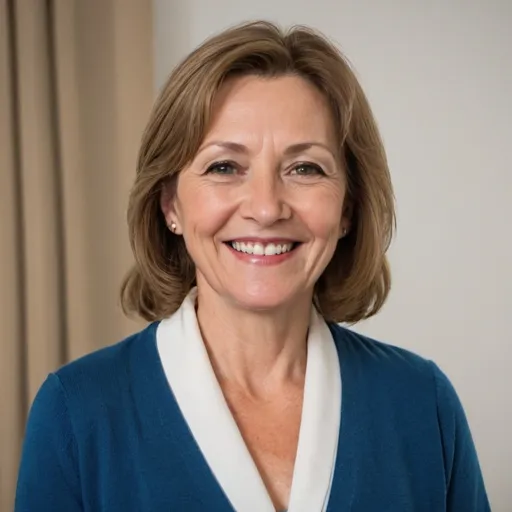 Prompt: A smiling middle-aged woman wearing a blue dress a white blouse and a long blue cardigan