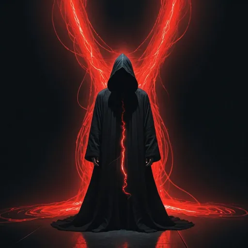 Prompt: A figure wearing a long black hooded robe stands facing us with his head tilted slightly downwards, casting a shadow across his face which therefore remains hidden. Around him bright red flashes of electricity charge the atmosphere with a dark vibration. In the background is a black void with human-like forms trying to escape the singularity. 