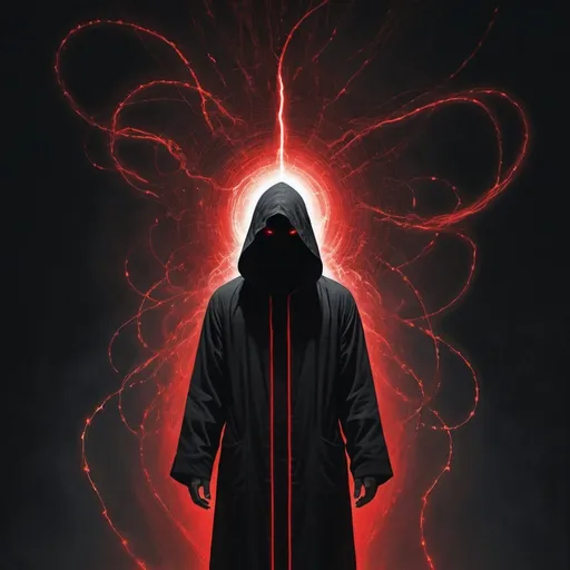 Prompt: A figure wearing a long black hooded robe stands facing us with his head tilted slightly downwards, casting a shadow across his face which therefore remains hidden. Around him bright red flashes of electricity charge the atmosphere with a dark vibration. In the background is a black void with human-like forms trying to escape the singularity. 