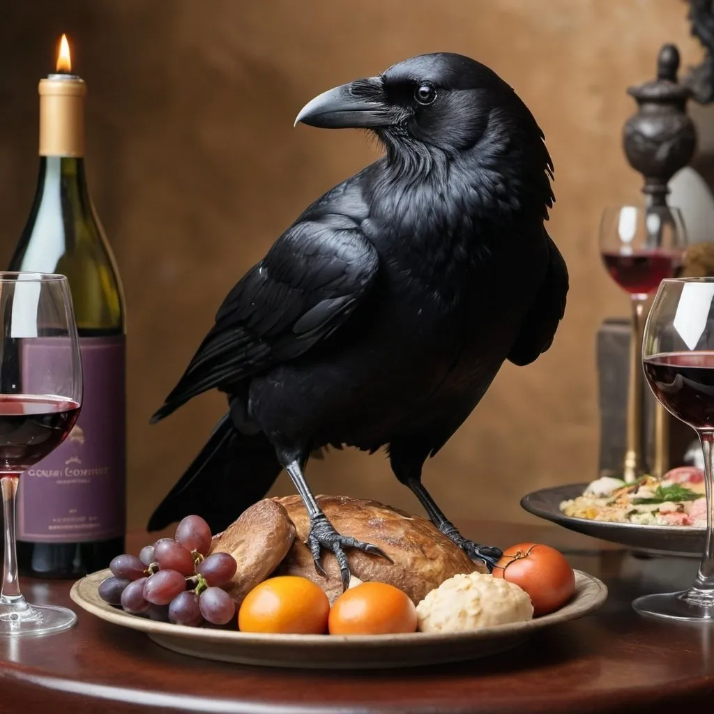 Prompt: A boujee crow standing by a food dish with gourmet food and wine

