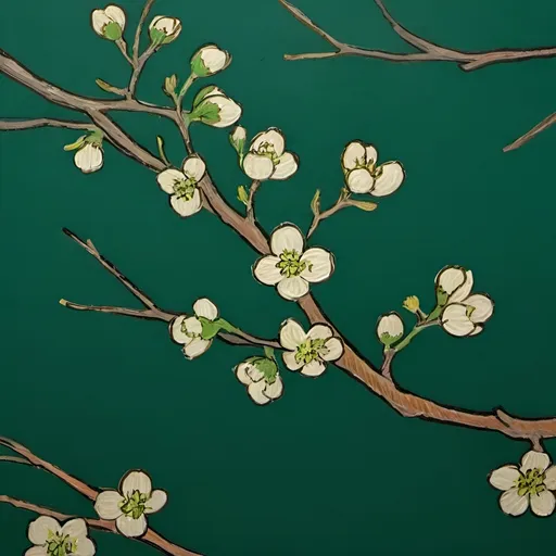 Prompt: Draw Vincent van gogh's famous blossom branches artwork but make the background color a shade of dark green but not too dark 