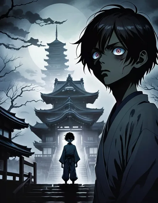 Prompt: Dark 2D J-horror anime illustration of a haunting boy, eerie background, distorted shadows, dramatic lighting, detailed eyes, ghostly apparitions, traditional Japanese architecture, highres, anime, j-horror, dark tones, dramatic lighting, ghostly apparitions, traditional architecture