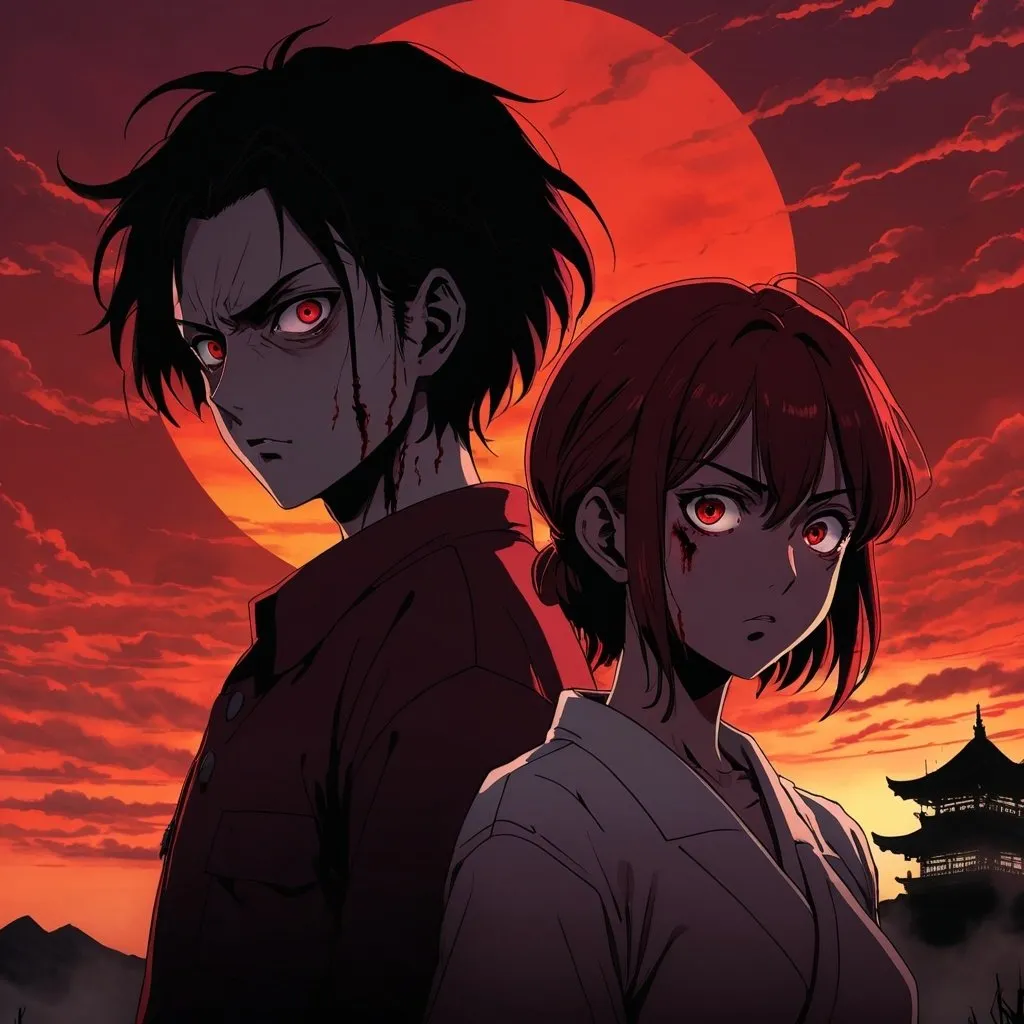 Dark J-horror 2D anime artwork of Aya Goda and a ser...