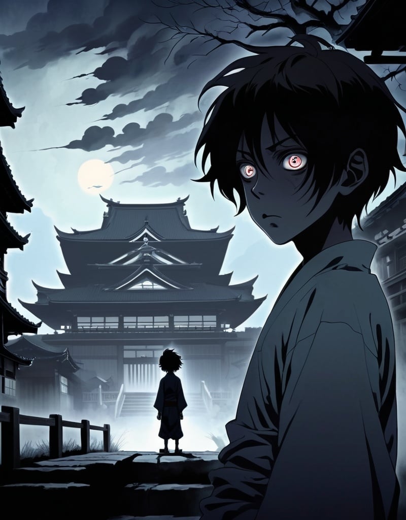 Prompt: Dark 2D J-horror anime illustration of a haunting boy, eerie background, distorted shadows, dramatic lighting, detailed eyes, ghostly apparitions, traditional Japanese architecture, highres, anime, j-horror, dark tones, dramatic lighting, ghostly apparitions, traditional architecture