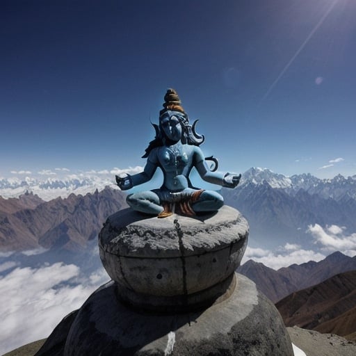 Prompt: a hindu god shiva is dancing on the top of the himalaya mountain,with great ecstacy