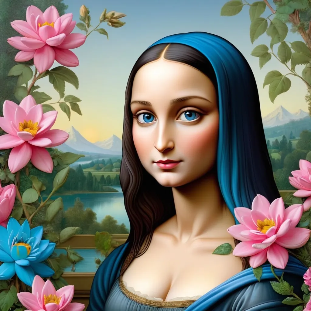 Prompt: Mona lisa con un fondo original y colorido, lleno de flores y vida vegetal donde predominen los colores rosa y azul