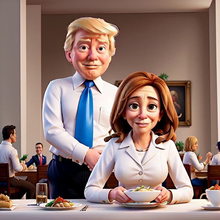 Prompt: Donald Trump as a waiter in a restaurant, serving a meal with his hands to Kamala Harris, who is dressed in white and sitting