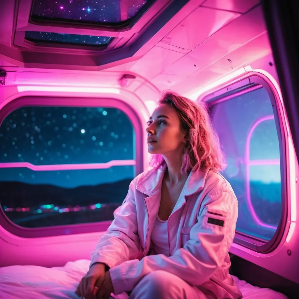 Prompt: nostalgic caucasian woman inside a spaceship, in light clothes, sitting in bed under pink neon lights, looking to the stars through the window