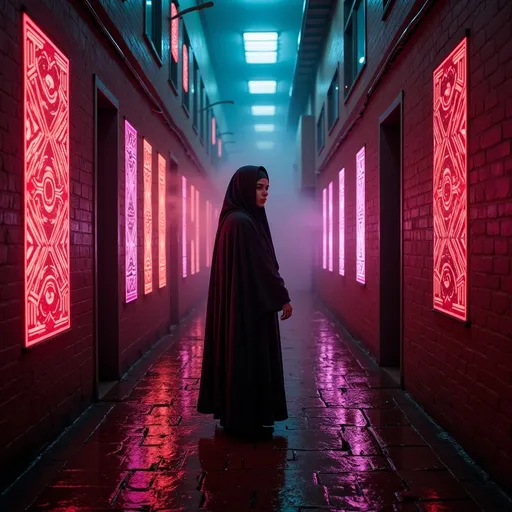 Prompt: A <mymodel> landscape photo of a witch hunter nun 

 in the middle  
of a gloomy alley

full of multicolored neon circuit board patterns glowing in the darkness

, a stunning Alphonse Mucha's masterpiece in  sci-fi retro-futuristic art deco artstyle by Anders Zorn and Joseph Christian Leyendecker

, neat and clear tangents full of negative space 

, ominous dramatic lighting with detailed shadows and highlights enhancing depth of perspective and 3D volumetric drawing

, a  vibrant and colorful high quality digital  painting in HDR