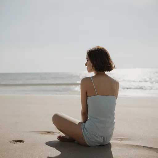 Prompt: woman on beach, sitting