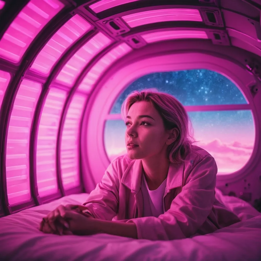 Prompt: nostalgic caucasian woman inside a spaceship,sitting in bed under pink neon lights, looking to the stars through the window 