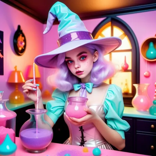 Prompt: magical witch with sparkling skin, pale colored outfit, pointy hat, making a bubbly potion in her candy colored room