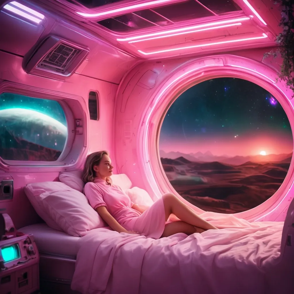 Prompt: nostalgic caucasian woman inside a spaceship,sitting in bed under pink neon lights, looking to the stars through the window