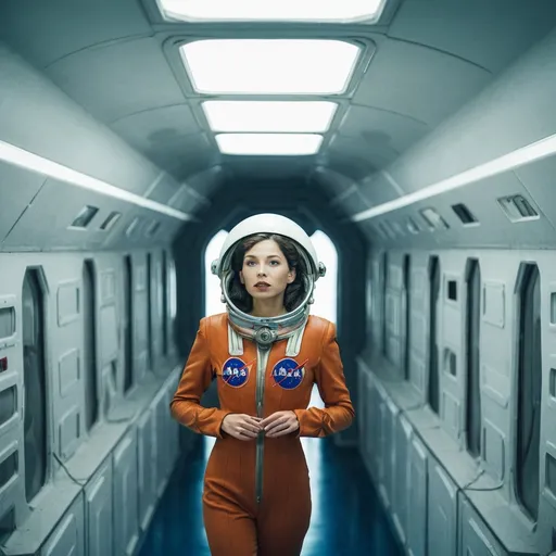 Prompt: nostalgic woman in spaceship in corridor