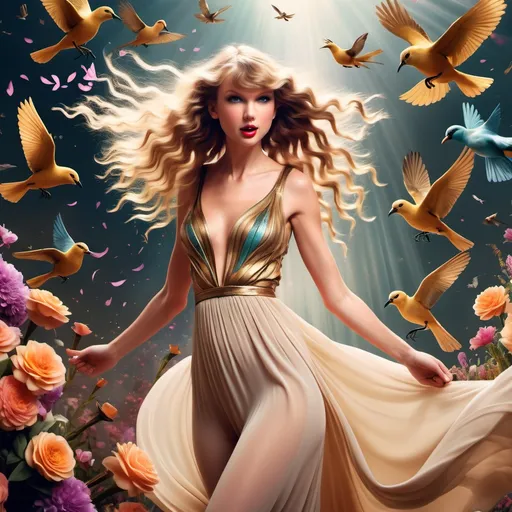 Prompt: Taylor Swift flying as an ancient goddess, hair flowing with the wind, surrounded by light, exotic flowers and whimsical birds, iconic, legendary, magical, unique