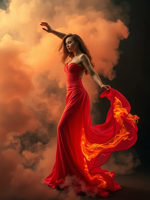 Prompt: Elegant woman wearing a long gown made of fire, dress flowing, infused into a background of smoke, dynamic pose, fluid shapes, cinematic, dramatic, surreal, aspirational