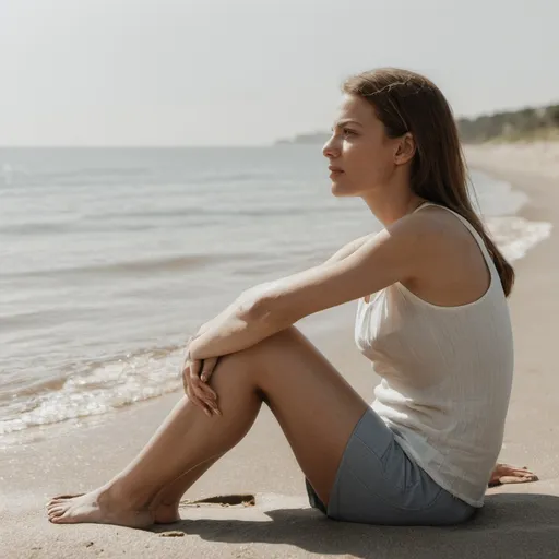 Prompt: woman on beach, sitting