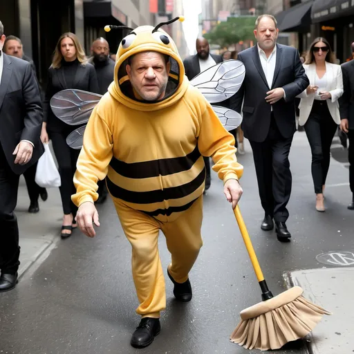 Prompt: Harvey Weinstein dressed in a bee costume, sweeping the streets