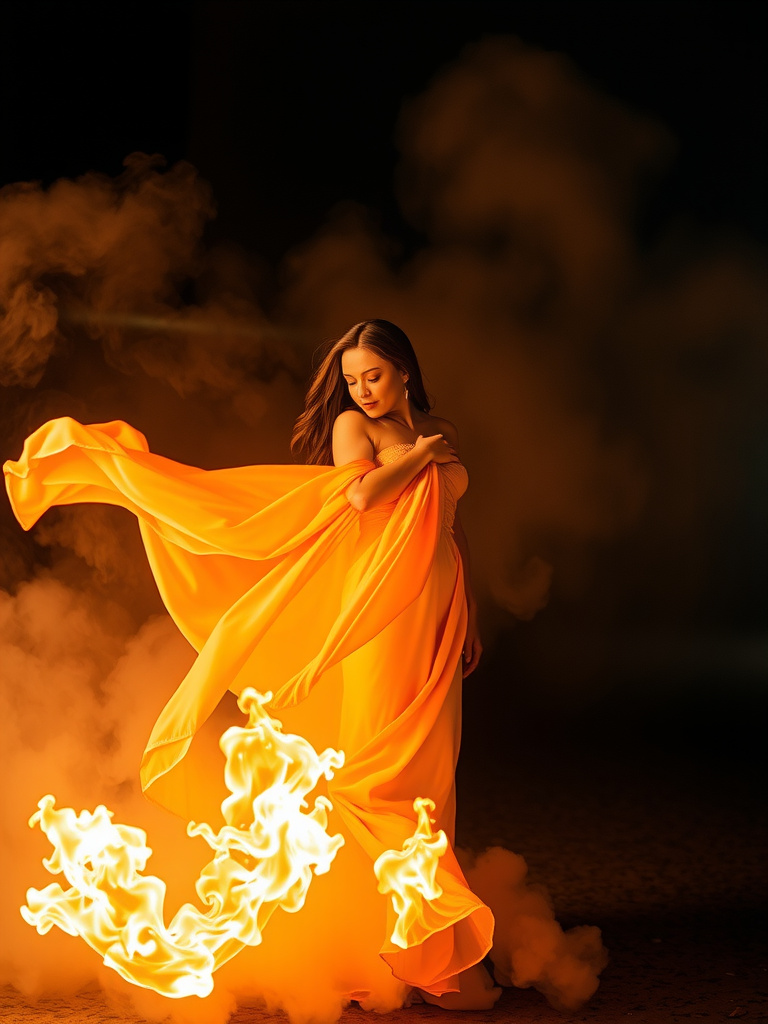 Prompt: Elegant woman wearing a long gown made of fire, dress flowing, hands grabbing the dress, infused into a background of smoke, dynamic pose, fluid shapes, cinematic, dramatic, surreal, aspirational