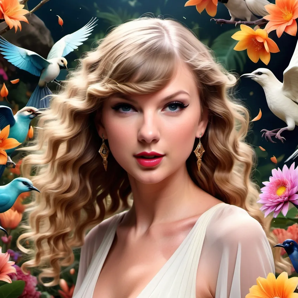 Prompt: Taylor Swift as an ancient goddess, hair flowing with the wind, surrounded by light, exotic flowers and whimsical birds, iconic, legendary, magical, unique