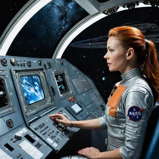 Prompt: woman operating spaceship