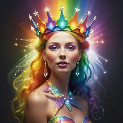 Prompt: Rainbow queen glowing in light, magical and whimsical