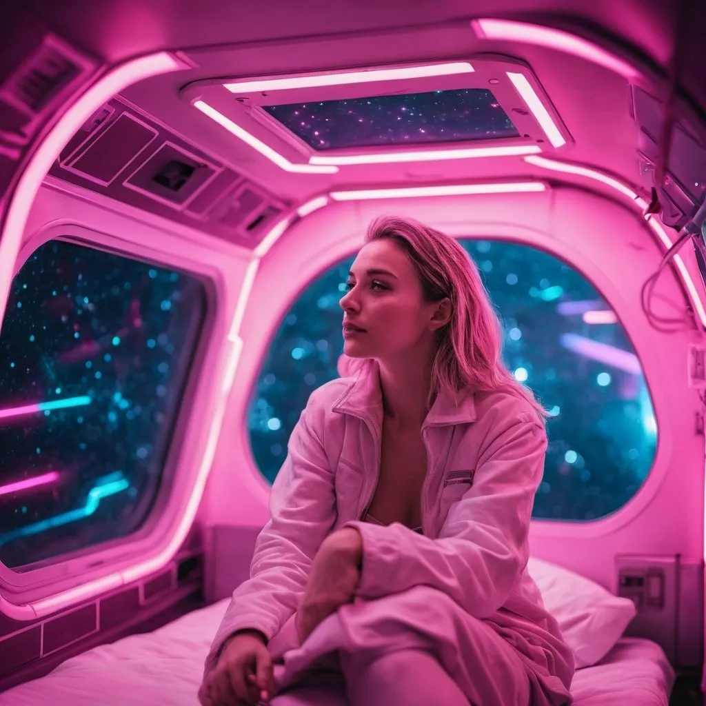 Prompt: nostalgic caucasian woman inside a spaceship,sitting in bed under pink neon lights, looking to the stars through the window 