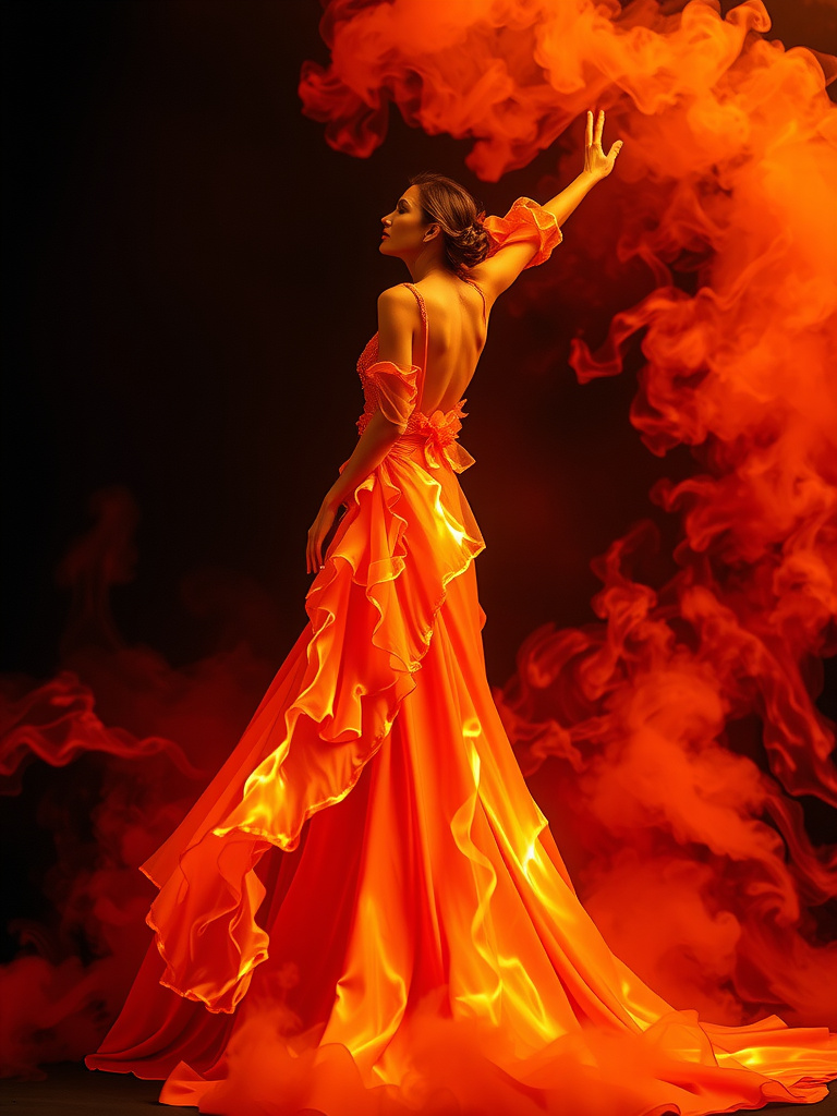 Prompt: Elegant woman wearing a long gown made of fire, infused into a background of smoke, dynamic pose, fluid shapes, cinematic, dramatic, surreal, aspirational