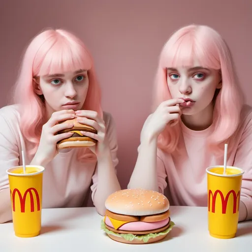 Prompt: Somber adult twins, women, pale pink, soft pastel colors, soft ligh, eating Happy Meal, McDonalds