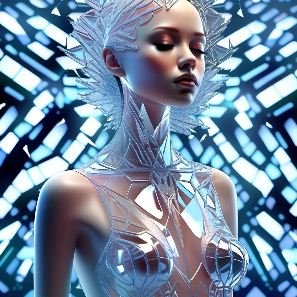 Prompt: 1girl, Crystal tile 3D rendering of a beautiful female body, transparent and reflective, intricate details, high quality, realistic, 3D rendering, crystal tiles, transparent, reflective, detailed, highres, professional, futuristic lighting.4k, artistic, impressive, beautiful, high contrast, detailed lines, expressive depiction, sensual and enigmatic atmosphere, high resolution, detailed, mysterious, abstract, surreal, monochrome, mood lighting, enigmatic, intricate details, ethereal, emotional, minimalist, dark tones, deep shadows1girl, Crystal tile 3D rendering of a beautiful female body, transparent and reflective, intricate details, high quality, realistic, 3D rendering, crystal tiles, transparent, reflective, detailed, highres, professional, futuristic lighting.4k, artistic, impressive, beautiful, high contrast, detailed lines, expressive depiction, sensual and enigmatic atmosphere, high resolution, detailed, mysterious, abstract, surreal, monochrome, mood lighting, enigmatic, intricate details, ethereal, emotional, minimalist, dark tones, deep shadows<mymodel>