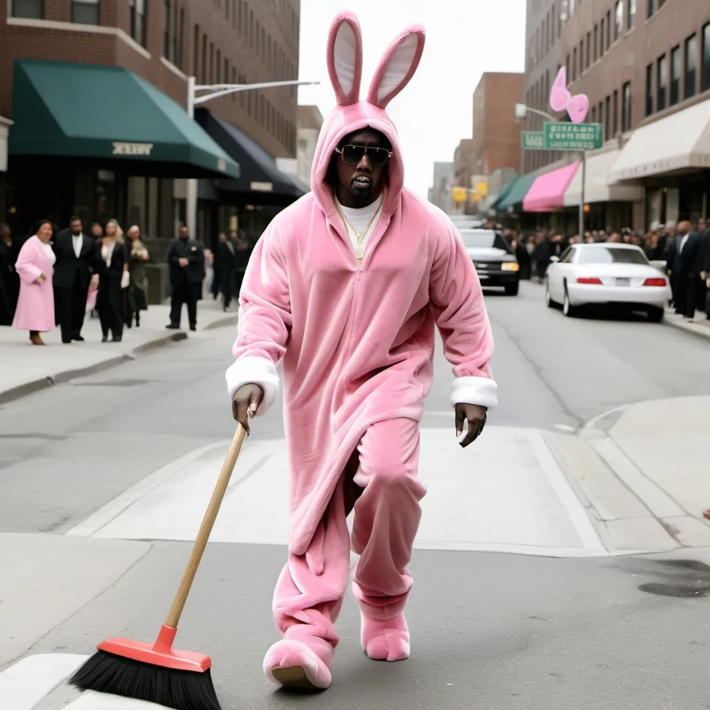 Prompt: Sean Diddy Combs dressed in a pink bunny costume, sweeping the streets