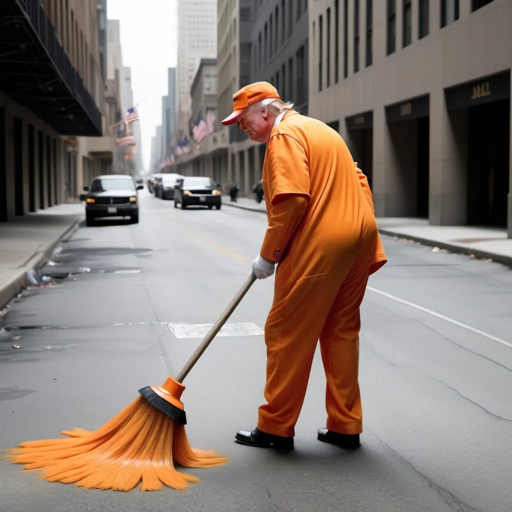 Prompt: Donald Trump sweeping an empty street with an orange jail jumpsuit