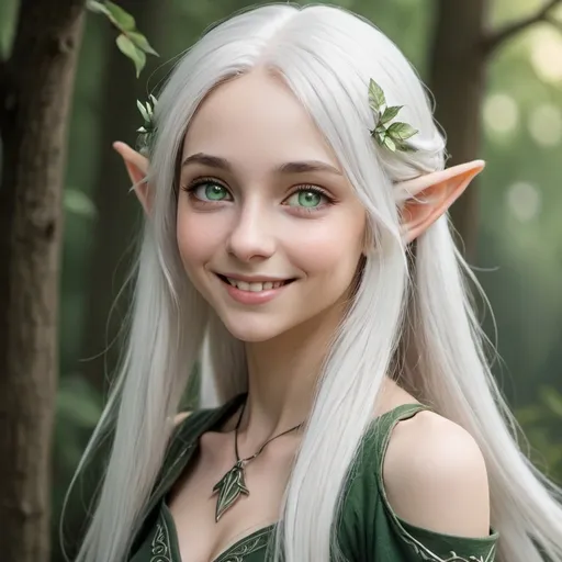 Prompt: Female slender elf, long ears, free flowing straight silky silver hair that ends mid-back, kind, light green eyes, pale white skin, smile that makes you feel at home