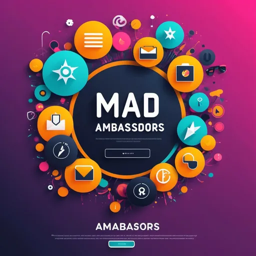 Prompt: (accurately spelled text "Mad AF Ambassadors  "), page illustration, vibrant colors, engaging and informative layout, dynamic visual elements, modern typography, high contrast design, clear icons representing Brand Ambassadors portal, clean and professional aesthetics, easy to navigate, infused with energy, optimized for online viewing, ultra-detailed, visually striking background.