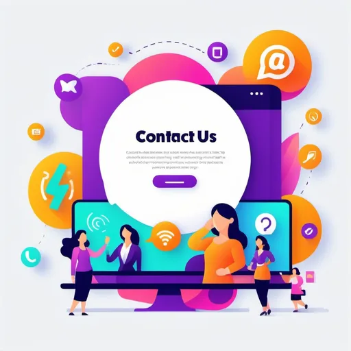 Prompt: (accurately spelled text "Contact Us "), page illustration, vibrant colors, engaging and informative layout, dynamic visual elements, modern typography, high contrast design, clear icons representing contact us, clean and professional aesthetics, easy to navigate, infused with energy, optimized for online viewing, ultra-detailed, visually striking background.