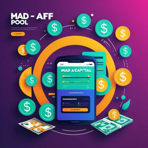 Prompt: (accurately spelled text "Mad AF Capital Pool  "), page illustration, vibrant colors, engaging and informative layout, dynamic visual elements, modern typography, high contrast design, clear icons representing a money management fund, clean and professional aesthetics, easy to navigate, infused with energy, optimized for online viewing, ultra-detailed, visually striking background.