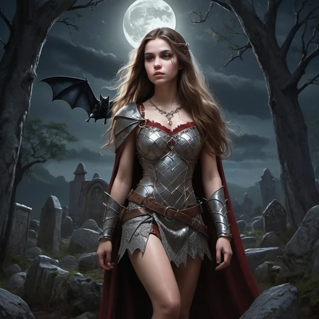 Prompt: image in the style of Magali Villeneuve. Full-length image: a beautiful 18-year-old warrior girl with a perfect body and long brown hair, dressed in light chain mail, walks at night through an old and gloomy elven cemetery in a rocky gorge, illuminated by a large crimson moon. . . Cracked sculptures covered in moss, bats in the night sky. fantasy art, gloomy, depressive atmosphere. perfect face. detailed masterpiece.