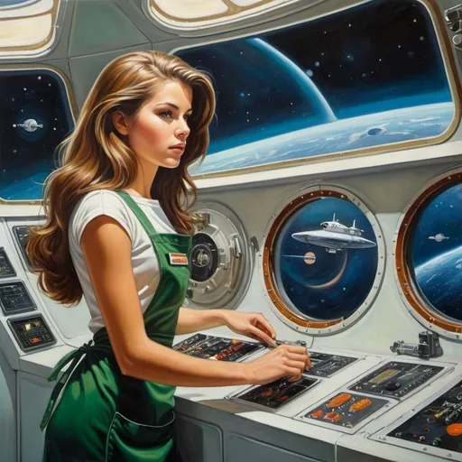 Prompt: Karol Buck.
An image of a 20-year-old female spaceship mechanic with a slender figure and long brown hair, wearing a small apron and repairing something on a control panel. in the background: large 
panoramic rectangular porthole with a view of space, futuristic control panels, greenish lighting. oil painting