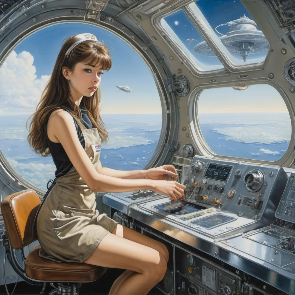 Prompt: Hajime Sorayama.
An image of a 20-year-old female spaceship mechanic with a slender figure and long brown hair, wearing a small apron and repairing something on a control panel. in the background: large 
panoramic rectangular porthole with a view of space, futuristic control panels, greenish lighting. oil painting