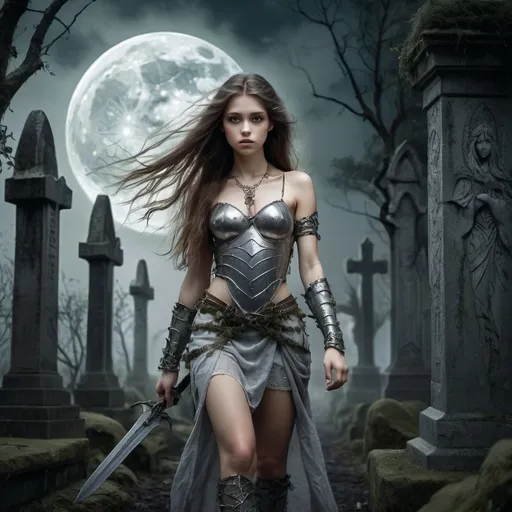 Prompt: image in the style of Luis Royo. Full-length image: a beautiful 18-year-old warrior girl with a perfect body and long brown hair, dressed in light chain mail, walks at night through an old and gloomy elven cemetery, illuminated by a large moon. Cracked sculptures of angels are covered with moss, and climbing plants grow from the cracks. fantasy art, gloomy, depressive atmosphere. perfect face. detailed masterpiece.